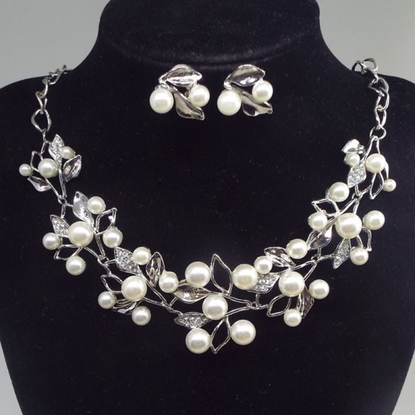 Smycken Set Rhinestone Pearl Necklace Kvinnor Brud Bröllop Jewel Silver
