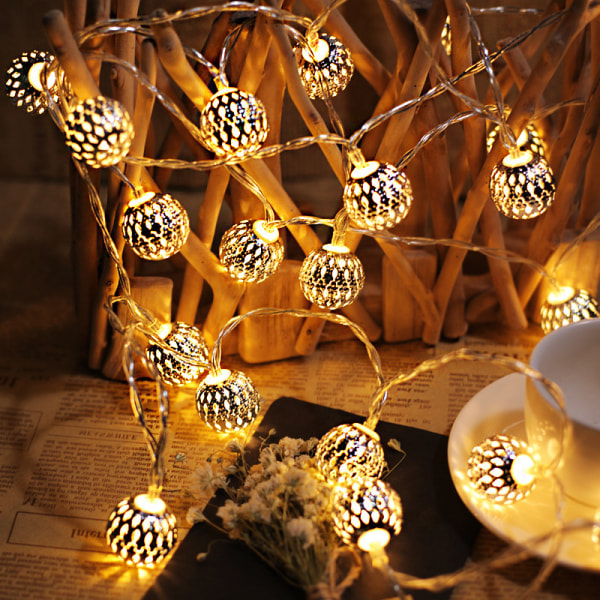 Marockansk LED-ljusgirlang - Total längd 3M - 20 varmvita lysdioder - Cocooning dekoration - Marockansk orientalisk stil silverkulor, ladacea