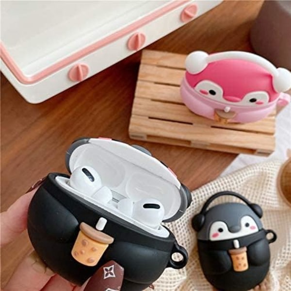 Søt Kawaii holder melketekopp og nyter musikk Headset Penguin-etui for AirPods 1/2, myk gummisilikon - rosa