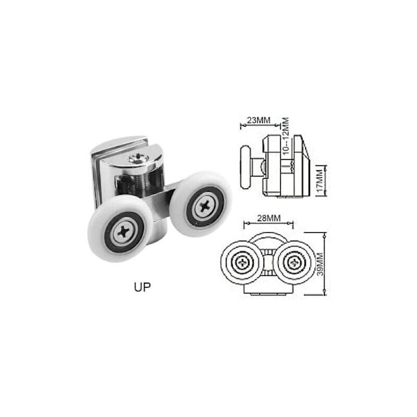 Sett med 4 doble ruller - for skyvedusjdør, 2 hjul 23 mm diameter sinklegering baderom..