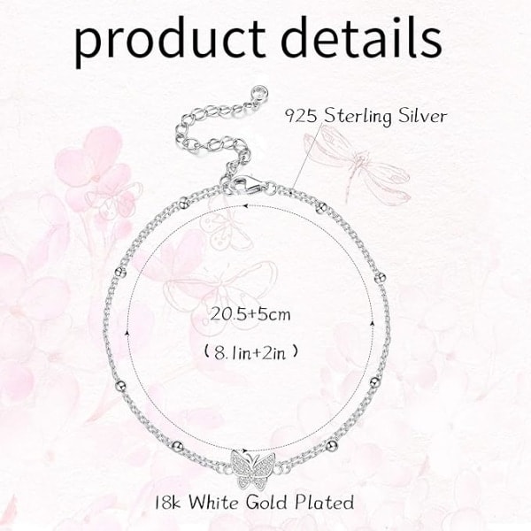Ankelfjäril Vristlänk 925 Silver Damfjäril Vristlänk Butterfly Heart Beads Vristlänk Justerbar Boho Sommar Vristfot Strandfotssmycken
