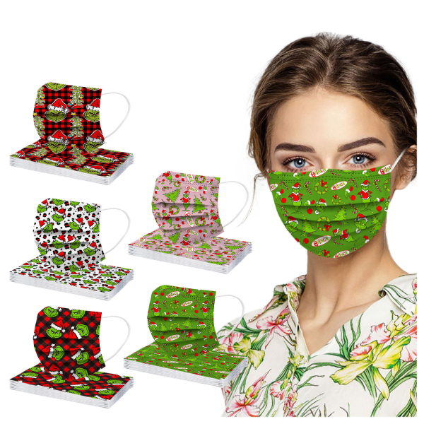 50 st julhelgen engångsansiktsmasker for voksne med söta mønster Trykt 3-lagers andningsbar papirmask