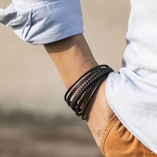 Läderarmband för män i rostfritt stål, justerbart, svart eller brunt, magnetlås