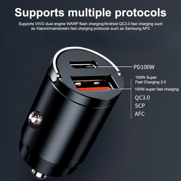 100W Billaddare Tändare PD Snabbladdning QC3.0 Mini USB TypC grå