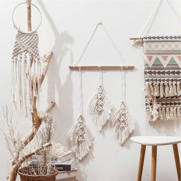 Vävd Tapestry, Boho Macrame Väggbonad Handgjord Fjäderblad Bomulls Ornament Heminredning Vardagsrum Sovrum Dekor
