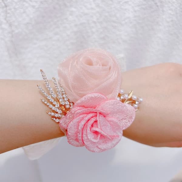Jenter Brudepike Håndleddsblomster Perle Rhinestones Rose Armbånd Stoff Håndblomster 2