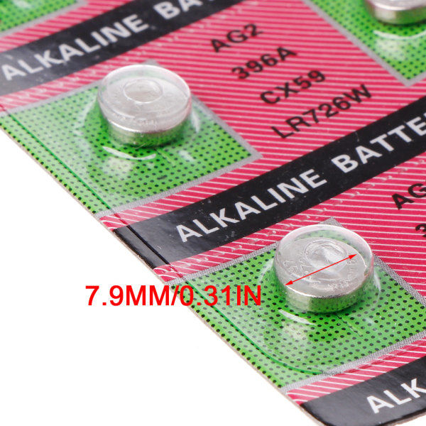10 stk. alkaliske batterier AG2 1,5V G2 396A LR726 SR726W GP397 1164SO SR59W SR726 Myntknapcelle Ur Klockor