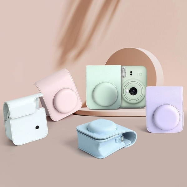 För Instax Mini 12 fodral Resväska PU Läder Mjuk Axelväska för Fujifilm Film Kameraväska + Axelrem Ljus körsbärsrosa