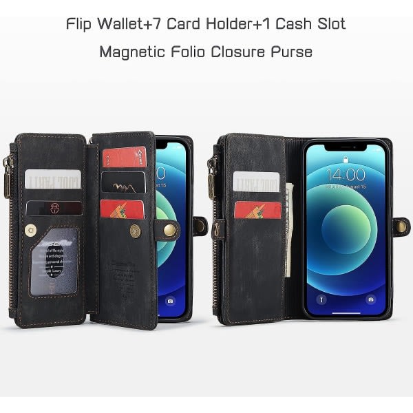 Plånbok för kvinnor män, slitstarkt PU-läder Magnetisk flip-linyardrem Armband Dragkedja Korthållare Phone case För Iphone 12 & 12 Pro
