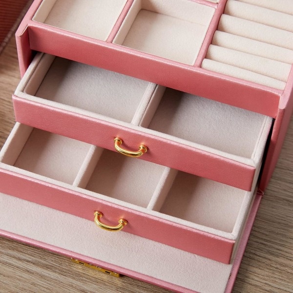 Smykkeæske, arrangør, 3-lags smykkeæske i PU-læder med spejl og lås, til ringe Armbånd Øreringe Halskæde, rosa