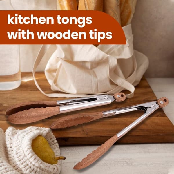 Køkkentang sæt med 2, træ og rustfrit stål, varmebestandig, skridsikker, til madlavning, servering og grill, 9 og 12 tommer