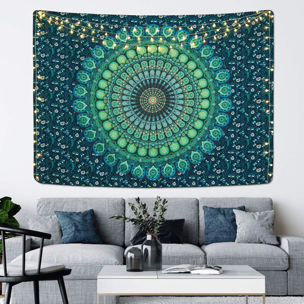 Bohemisk Mandala Gobeläng Hippie Gobeläng Psykedelisk Påfågel B