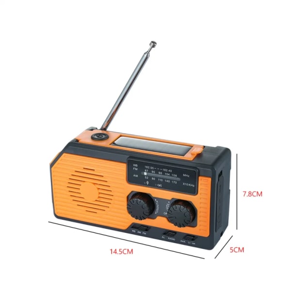 Aurinkovoimalla toimiva FM-radio, AM WB NOAA -radio, säävaroitin, hätävirtapankki, 5000 mA, käsikäyttöinen USB-lataus, monitoimiradio, LED-taskulamppu Orange