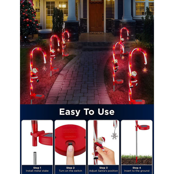 Solcellelys Utomhus Hage Vanntett, Power Candy Cane Lights med Nisse Stjerner Yard Dekorasjon Sol Stake Lights (d-4-d0)