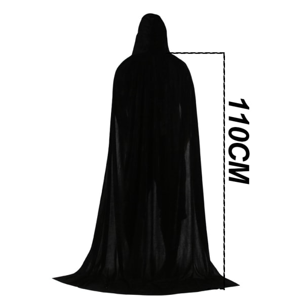 Unisex lang kappe med hætte i fløjl, sort, 110cm 110cm