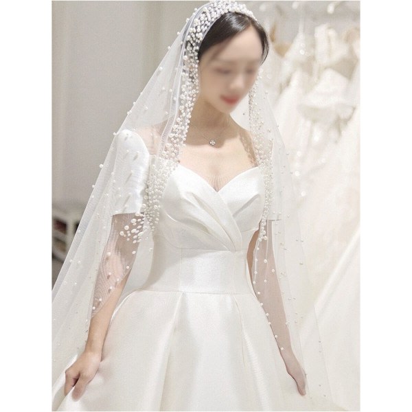 Romantic For 3m Trailing Cathedral Wedding Veil One Layer Mesh Cover Imitation Pearl Beads Jewelry Bridal Headpiece