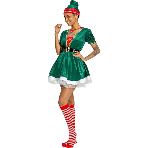 Julekostume til kvinder - Santa Elf Kjole til Rolleleg, Festgave, Voksen Fæstekjole med Hat, Bælte, Strømpe og Halskæde - S-XL Green M