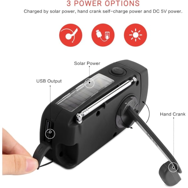 Vevradio aurinkokennoilla Taskulamppu ja 2000mAh Powerbank punainen SOS musta