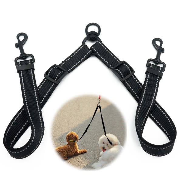 Dobbelt justerbart hundekobbel for to hunder, sklisikkert grep hundekobbeldeler forlengbart hundekobbel for 2 hunder, som ikke floker seg sammen