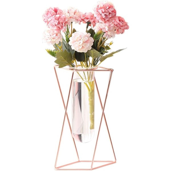 Glasvas med metallstativ, modern geometrisk bordsvas i glas, lämplig för hydroponiska inomhusväxter (roséguld, storlek L)