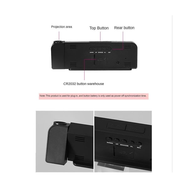 180 graders rotations projektions vækkeur 12/24h LED digitalt ur USB opladning loft projektor vækkeur (mu