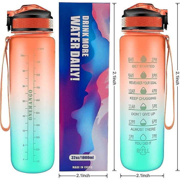 1000ml 1l Vattenflaska med Sugrör & Motiverande Tidsmärkning, acsergery Läckagesäker