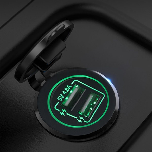 Dobbelt USB-oplader-stik, vandtæt, hurtigopladning med LED til 12V/24V bil, båd, marine, ATV, blå