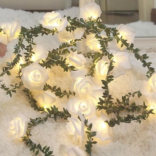 Rosgröna blad ljusslingor, 9,8ft 20led varmvita rosor blommor ljusslingor, batteridriven