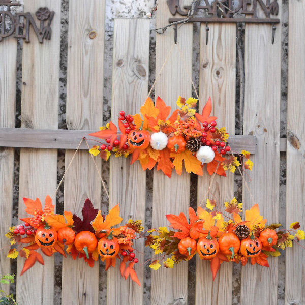 Kiitospäivän Halloween-koristekranssi - Liekehtivät vaahteranlehdet ja kurpitsa Seinäkoriste kotiin - 16,9 x 7,8 tuumaa