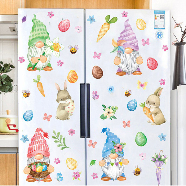 Happy Easter Vindu Dekal Gnome Kanin Egg Vegg Dekal Statisk Glass Dekaler Selvklebende Kjøleskap Klistremerker null - C