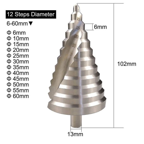 6-60 mm HSS Stegborrspiss Spiral Konisk Spore Senking 12 trinn