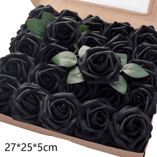 Kunstige blomster 25 stk falske roser med stilke og 2 blade til bryllupsbuketter til gør-det-selv festdekoration sort black