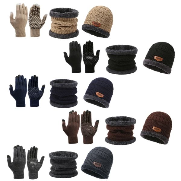 Vinter varm mössa halsduk handskar herr termisk vindtät förtjockad kni svart onesize Black onesize