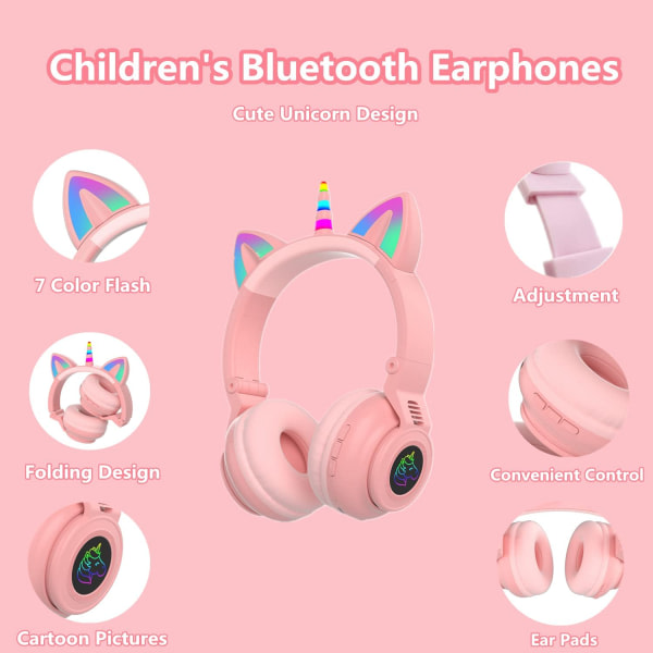 Trådløse Bluetooth-hovedtelefoner, Børnehovedtelefoner, Sammenklappelige Unicorn Bluetooth-hovedtelefoner (rosa)