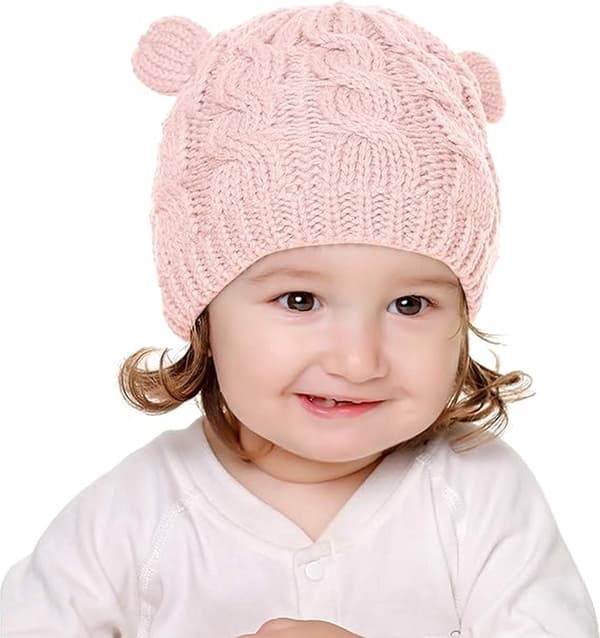 Baby Vintermössa & Handskset, Stickad Mjuk, Rosa, Storlek M för 2-6 Månader
