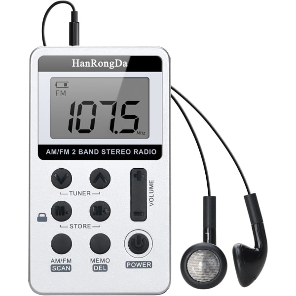 Liten bärbar radio, AM/FM 2-kaistainen stereoradio DSP Digital Tuning-mottagare med LCD-skärm USB laddningsbar och hörlurar för promenader harmaa hopea grey silver