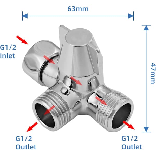 3-vejs omskifter Ventilafbryder til bruser, håndbruser og loftbruserarm 3-vejs omskifter massiv messing, poleret krom (PV8)
