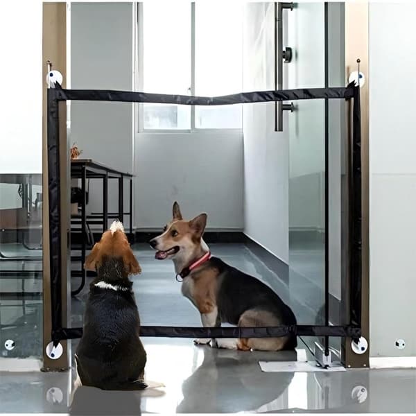 Bærbart foldbart hundegitter til trapper og døråbninger, rivefast nylonnet-kæledyrsbarriere, montering uden boring, 110 x 70 cm, sort