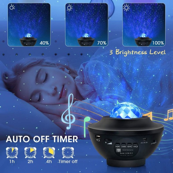 Stjerneprojektor Nattelys 2 i 1 LED Nebula Cloud/roterbar Ocean Wave-projektor med fjernbetjening og Bluetooth musikhøjttaler