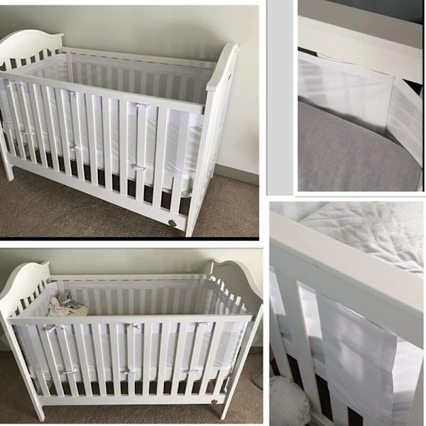 Pustende sprinkelsengbeskyttere i netting, 4 sider, antikollisjon for babyseng - Hvit