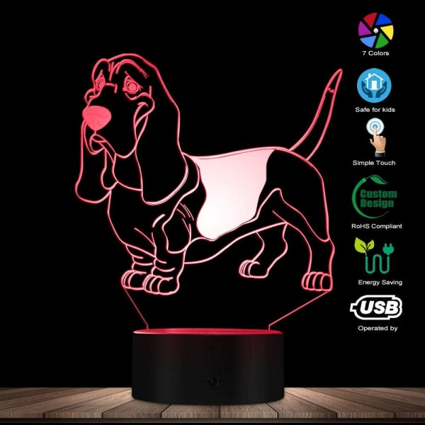 Basset Hound 3D Optisk Illusion Natlampe USB Hundedyr