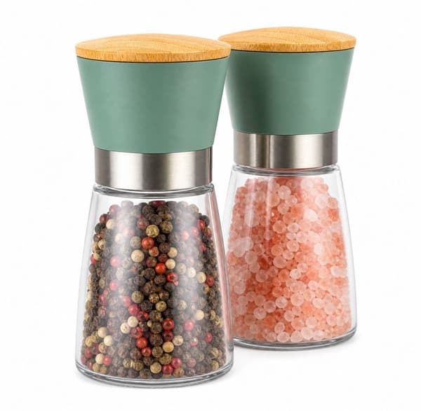 Pepper And Salt Grinder Set With Ceramic Core, 2-Piece Bamboo Detail, For Kitchen And Dining Table, Green