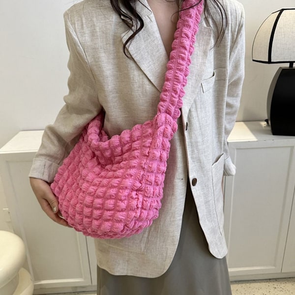 Naisten ruudullinen tikattu olkalaukku, suuri tilavuus, crossbody-laukku rose red