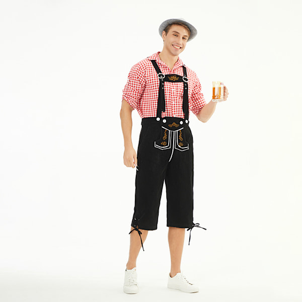 München Oktoberfest Tøj Mænds Ternet Skjorte Overalls Dragt Sceneoptræden Tøj Black pants+red top+gray hat XL