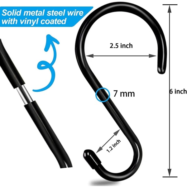 10-pakke Store, Slitestærke S-kroge med Skridsikker Vinylbelægning, Stål Metal Sorte Gummibelagte Garderobe S-kroge