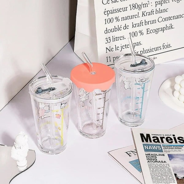 Transparent glas vattenkopp Söt tecknad frukostkopp Halm med lock Mjölk Juice Vattenkopp Glas Sippy Cup Barngåva Hellokitty Hellokitty