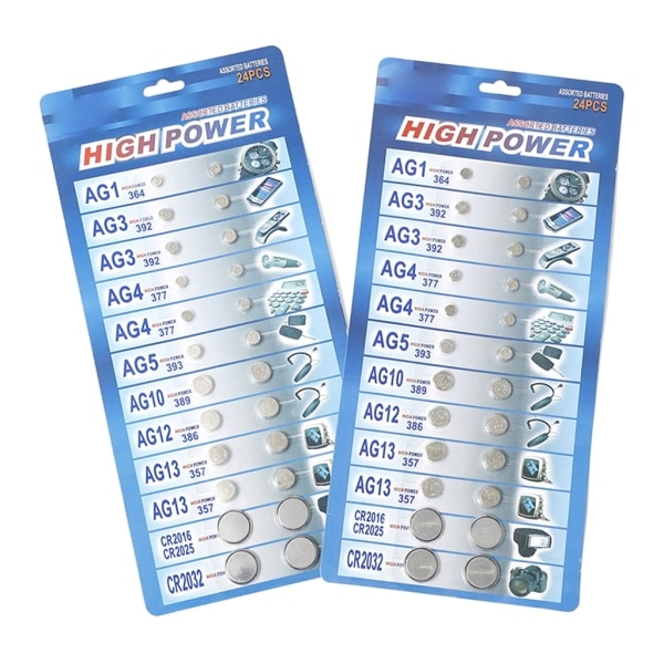 AG1/AG3/AG4/AG5/AG10/AG12/AG13 Knappcells Batteri, Set med 24 Klocka Knappcells Batteri CR2016 CR2025 CR2032
