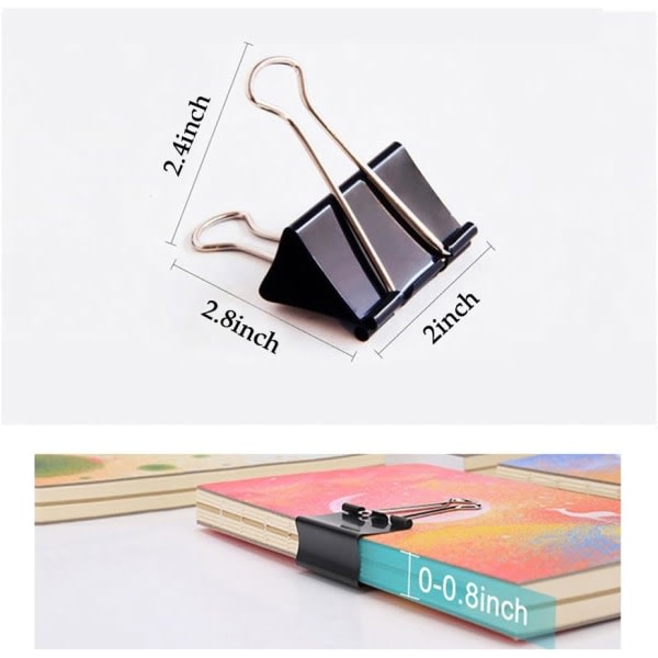 Ekstra store ringbindsklemmer 2 tommer (2-pak), store papirclips til kontorartikler, sort