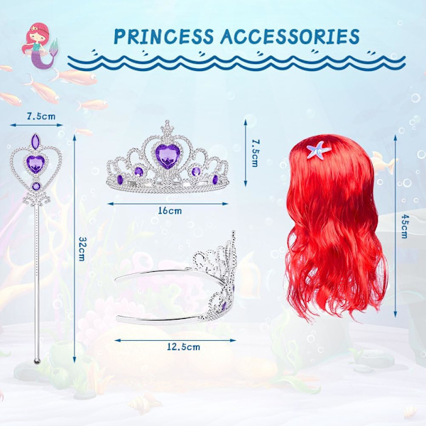 4 kpl merenneitopukusetti, jossa punainen peruukki, kruunu ja taikasauva, prinsessamerenneitopuvut tytöille Halloween-cosplay-lapsille loma 120cm
