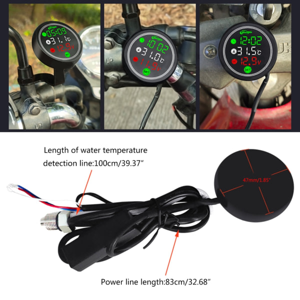 4-i-1 Timer, Tid, Termometer og Voltmeter for 12V Motorsykkel - Lufttemperatur